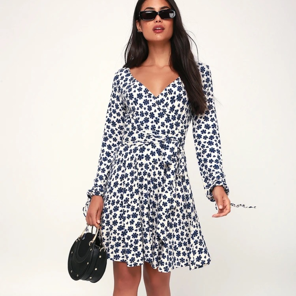 FREE PEOPLE Blue White Floral Wrap Dress XS